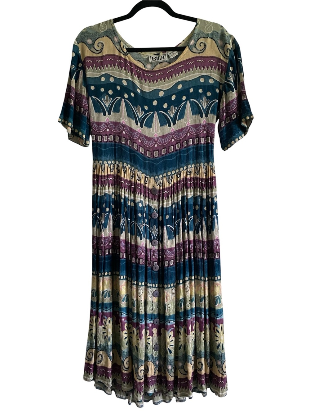 Vintage Bila Boho Midi Dress Tie Back Crinkle Rayon Small